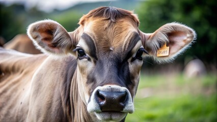 A majestic Jersey cow's head dominates the frame, soft focus background accentuating its gentle gaze and rustic, earthy features.