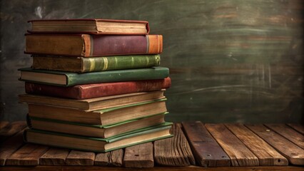 Vibrant stack of assorted books on a rustic wooden table against a worn blackboard backdrop in a serene classroom setting.