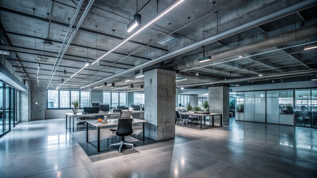 Modern industrial-style office interior featuring exposed concrete ceiling and floor, sleek furniture, and minimalist decor in a spacious atmosphere.