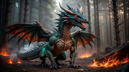 Fototapeta premium Fearsome, razor-toothed, fiery-eyed, scaly, emerald-green, dragon-like creature with sharp claws and wings, standing alone in a dark, ominous, misty forest landscape.