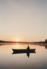 Fototapeta premium Lone male figure silhouetted against a vibrant sunset sky, fishing from a small wooden boat on a tranquil, reflective river 