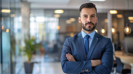 Fototapeta premium Latin mature businessman standing alone in an office with a blurred background.