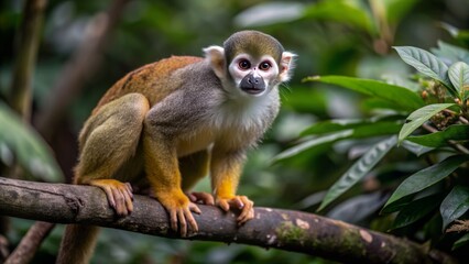 Obraz premium Vibrant-colored Squirrel monkey perches on a lush, moss-covered branch in a dense, tropical rainforest canopy in Costa Rica.