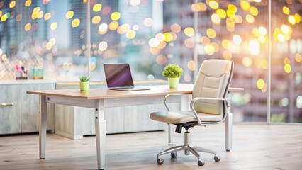 Modern corporate workspace interior with empty contemporary desk, ergonomic chair, and abstract blurred background with soft focus bokeh lights.