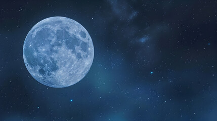 Full moon in starry night sky over blue horizon