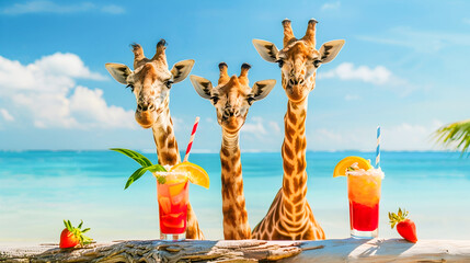 Whimsical scene of giraffes indulging in colorful tropical cocktails while relaxing on a picturesque Caribbean beach surrounded by palm trees azure waters and a vibrant blue sky