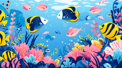 Naklejka premium Vibrant Underwater Fish Ecosystem with Colorful Coral Reef Background A serene and peaceful underwater scene showcasing a diverse array of tropical fish swimming amid a lush vibrant coral reef