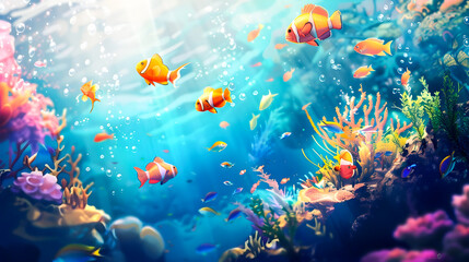 Vibrant Underwater Coral Reef Scene with a School of Colorful Tropical Fish Swimming in the Crystal Clear Ocean Water  Underwater Nature Ecosystem with Marine Life and Coral Formation