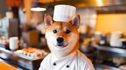 Adorable Shiba Inu Dog Wearing Chef s Uniform and Working in a Japanese Sushi Restaurant Preparing and Serving Food with a Cute Smile