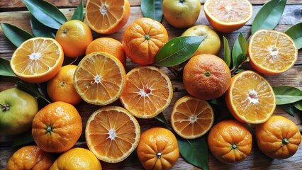 Vibrant orange tangerine halves arranged artfully on a rustic wooden table surrounded by lush green leaves and subtle earthy tones.