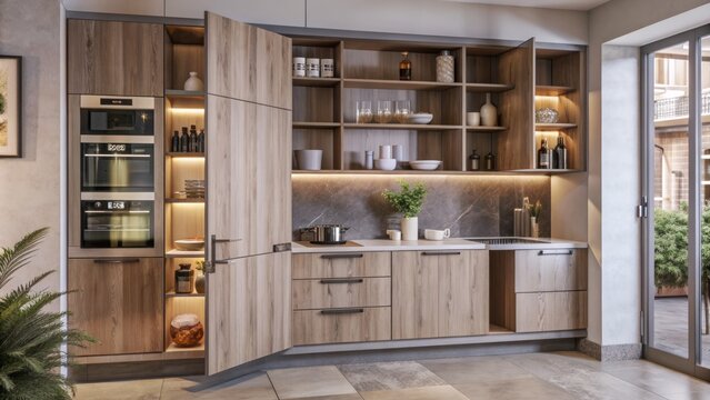 A beautifully crafted kitchen with modern shelves, the door of a kitchen cabinet is slightly ajar, awaiting installation.