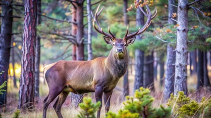 Majestic brown deer stands alert in autumn forest landscape surrounded by pine trees and grass with impressive antlers.