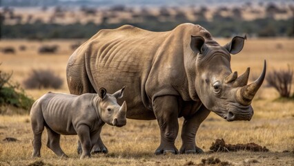 mother rhinoceros and her calf standing in a studio set designed to look like a dry savannah with sparse bushes.