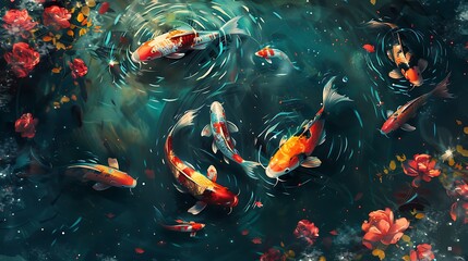 Colorful koi fish swim gracefully in a tranquil pond surrounded by vibrant aquatic plants and delicate flowers