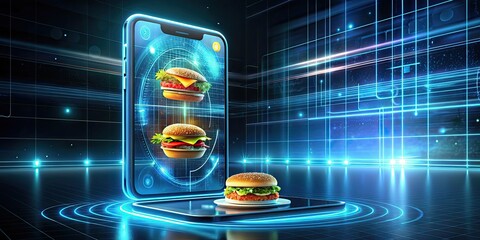 Futuristic holographic food delivery app showcasing virtual menu items, technology, digital, hologram, innovation, futuristic