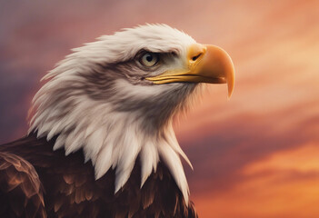 Obraz premium portrait of bald eagle, dramatic sunset colors painting the sky with warm hues, blurry background 