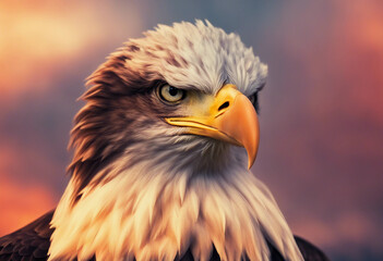 Obraz premium portrait of bald eagle, dramatic sunset colors painting the sky with warm hues, blurry background 