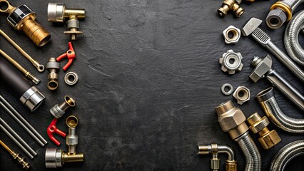 Obraz premium Top view of plumbing equipment on black background, plumbing, equipment, tools, pipes, valves, fittings