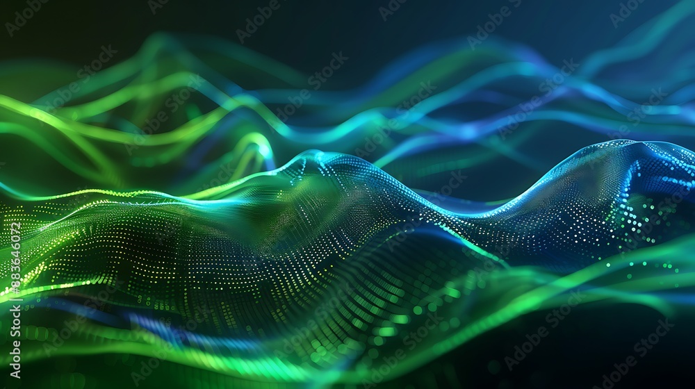 Poster glowing green blue dynamic wave of particles flowing in abstract motion