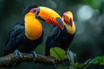 Obraz premium Two Toucans Perched on a Branch in a Lush Rainforest Setting