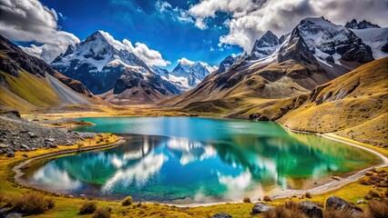 Fototapeta premium A stunning lagoon surrounded by snow-capped mountains in the high Andes of Peru , Lagoon, snowy, Humantay, altitude, Cusco