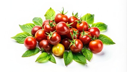 Vibrant red tomatoes scattered among layered green leaves with subtle gradient effect, minimalist Japanese-inspired illustration on white background.