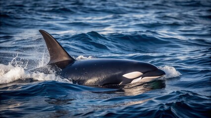 Fototapeta premium Majestic orca whale glides effortlessly through dark navy blue ocean water, its sleek black and white body undulating with powerful strokes.