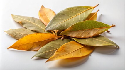 Freshly picked bay leaves arranged artfully on a crisp white background, showcasing their vibrant green color and delicate curves.