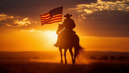 silhouette of a cowboy with an American flag on his horse, sunset. 
