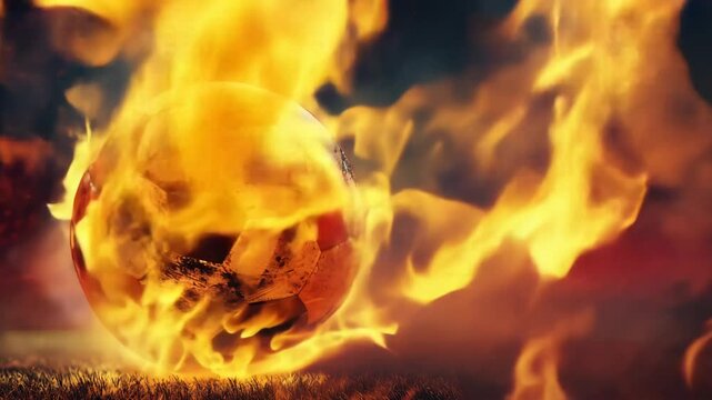 Flaming soccer ball on dark background. Epic goal, winner. World championship cup. Sport bet, football match betting. Motion animation