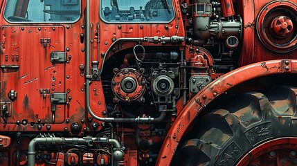 A closeup shot of the intricate details of a tractors engine, showcasing the marvel of engineering
