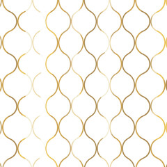 Abstract geometric seamless pattern with gold and beige wavy lines on white background. Modern graphic design.