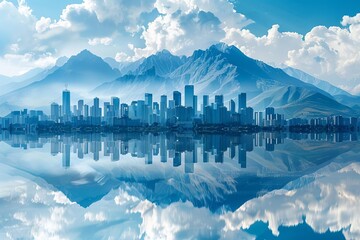 City skyline with mountain backdrop close up, focus on, copy space Majestic mountains and urban landscape Double exposure silhouette with skyline and mountains