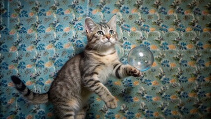 Adorable whiskered feline suspended in joyful mid-air, chasing iridescent soap bubble against vibrant floral garden wallpaper background.