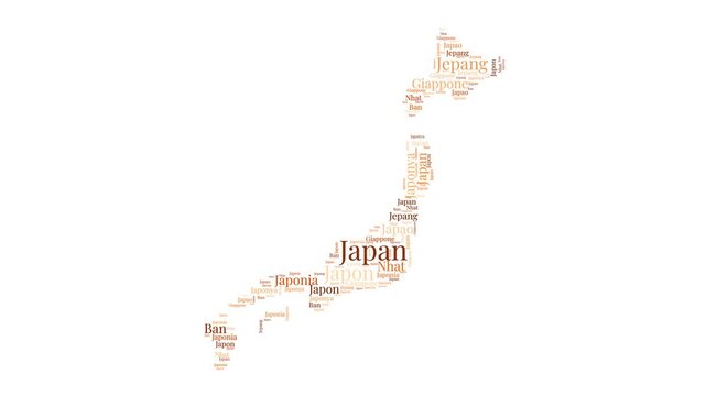 Japan shape word cloud animation. Country boundary filled with country names animated. Japan presentation video.