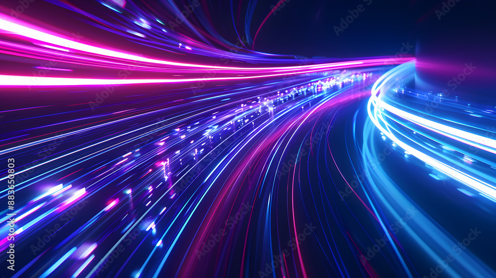 Poster dynamic neon light trails in blue and pink create a sense of speed and futuristic motion against a d