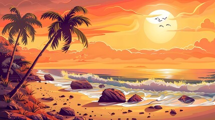 Sunset over the ocean with palm trees and rocks