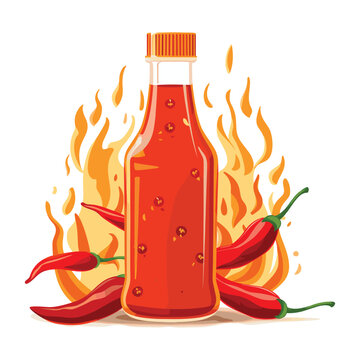 Spicy Hot Sauce Bottle with Chili Peppers and Flames