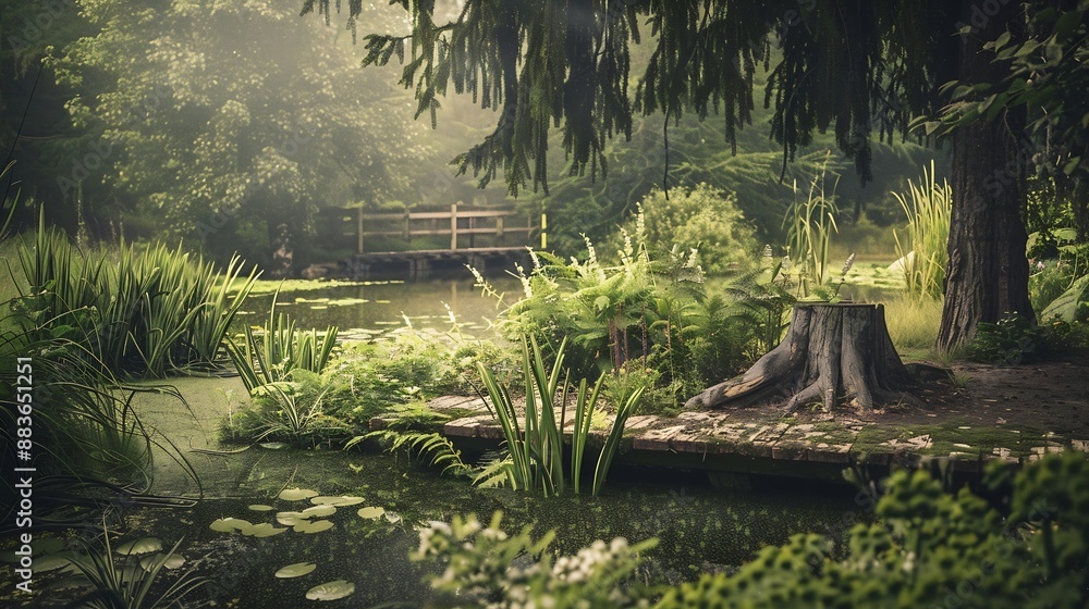 Poster early in the morning at a pond with beautiful vegetation and an atmospheric lagoon landscape in inve