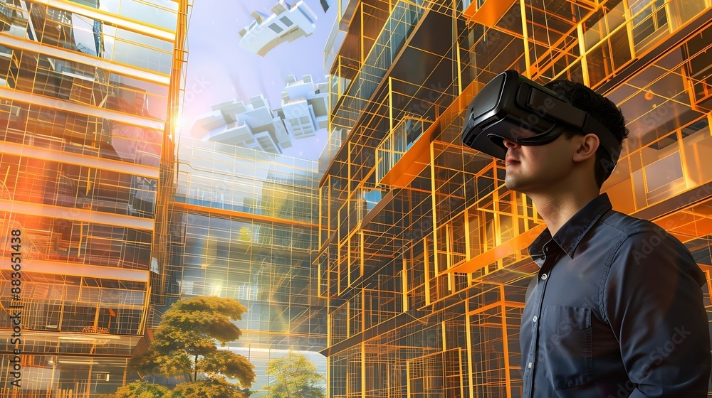 Leinwandbilder Architect man and virtual reality architecture model construction and building with future technology and UX VR goggles design and engineering metaverse and simulation of property deve : Generative AI