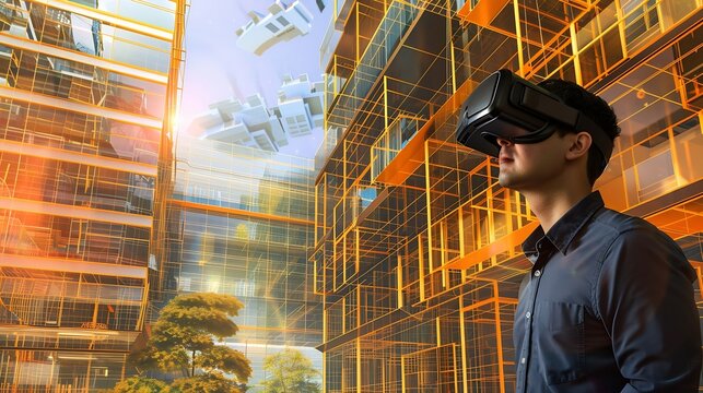 Architect man and virtual reality architecture model construction and building with future technology and UX VR goggles design and engineering metaverse and simulation of property deve : Generative AI