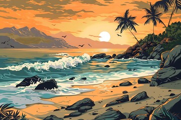 Rocky Beach Sunset Overlooking Calm Ocean Waves