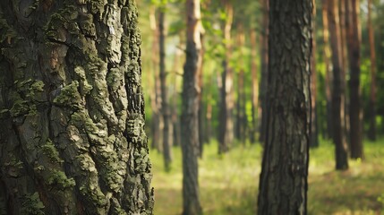 Fototapeta premium Pine trunk tree in foreground and nature forest woods in background Concept of nature and life National park High tree natural Scenic forest Spring season : Generative AI