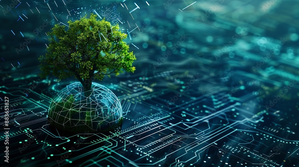 Leinwandbilder tree growing on circuit digital ball digital and technology convergence blue light and wireframe net