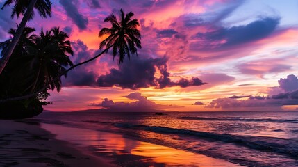 Best most exotic travel landscape Majestic sunset beach Coconut palm tree silhouettes fantastic colorful sky clouds Closeup waves sand Stunning tropical nature scene panoramic island p : Generative AI