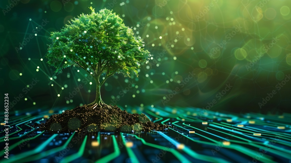 Poster Tree with soil growing on  the converging point of computer circuit board Blue light and wireframe network background Green Computing Green Technology Green IT csr and IT ethics Concep : Generative AI