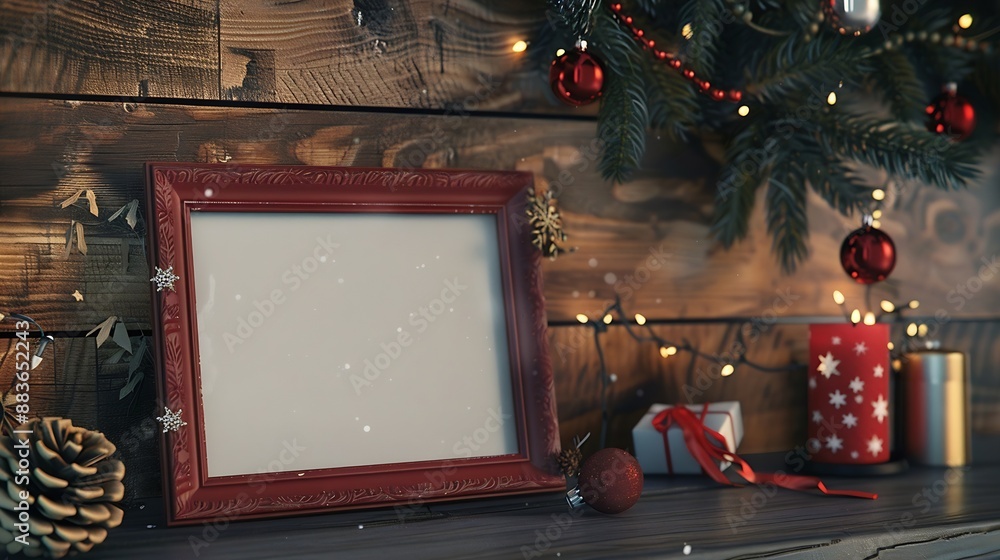Poster christmas photo frame mock up template with decoration on wooden table high quality photo : generati