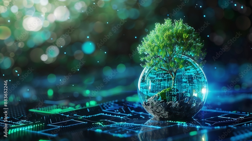 Fototapete Tree growing on crystal globe Digital Convergence and Technology Convergence Blue light binary and network background Green Computing Green Technology Green IT csr and IT ethics Concep : Generative AI