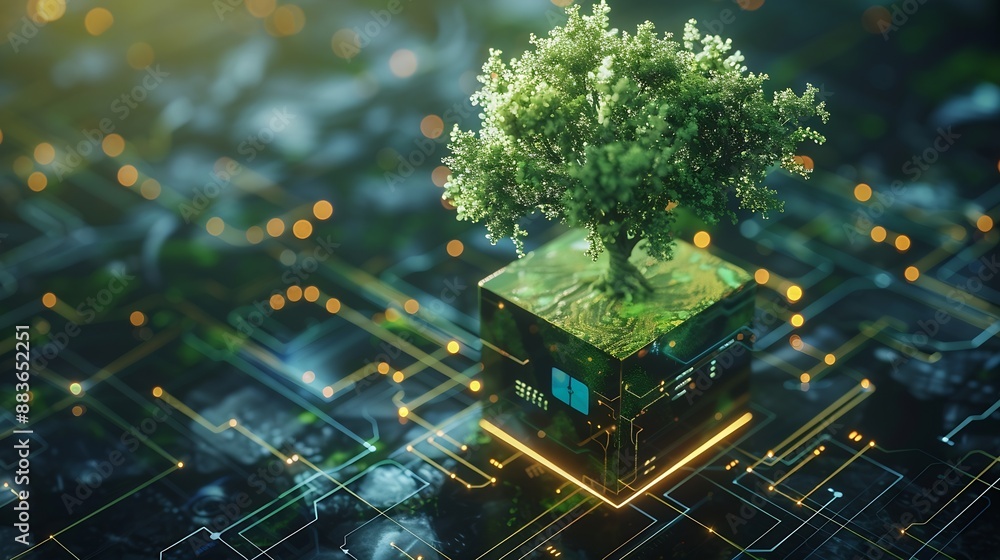 Fototapete Tree growing on Circuit digital cube Digital and Technology Convergence Blue light and Wireframe network background Green Computing Green Technology Green IT csr and IT ethics Concept : Generative AI