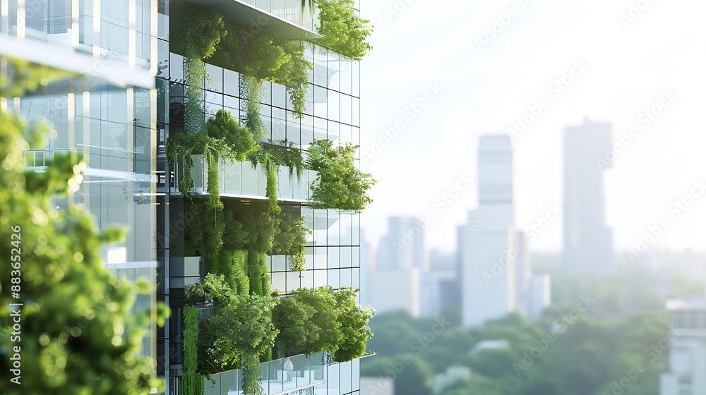 Aufkleber ecofriendly building in the modern city sustainable glass office building with trees for reducing he